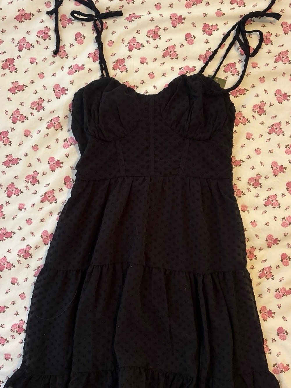 wild fable Black Tiered Swiss Dot Mini Dress with Tie Straps